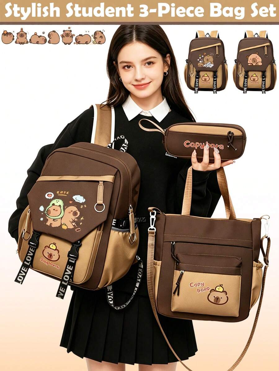 3-Piece Capybara Backpack Set, Includes Tote Bag And Pencil Case, Durable Nylon Material, Multi-Pocket Design, Tablet Compartment, Suitable For Back To School