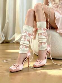 Red Ballet Shoes Bow Dress Party Square Toe Women Satin Ballerina Stiletto High Heel Mary Jane Pumps Lace Up Wedding Sexy Elegant Pumps - 粉色 - 查看 1