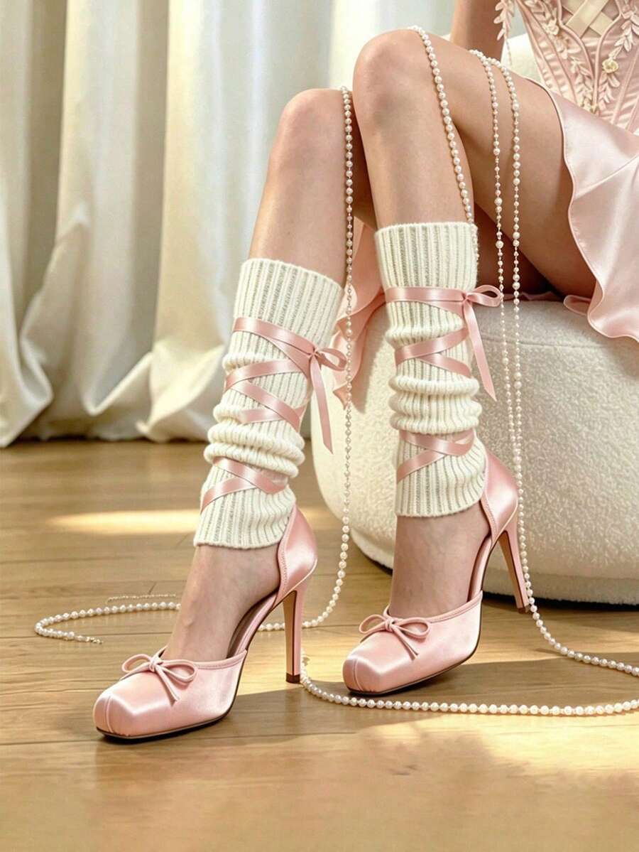 Red Ballet Shoes Bow Dress Party Square Toe Women Satin Ballerina Stiletto High Heel Mary Jane Pumps Lace Up Wedding Sexy Elegant Pumps - 粉色 - 查看 1