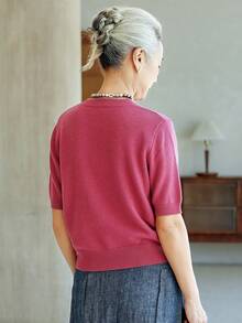 女款時尚粉色針織毛衣上衣，舒適圓領上衣，適合萬聖節、感恩節、聖誕節節日穿搭 - 玫紅色 - 查看 4