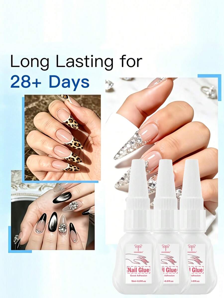 COLOURSMILE 1/2/3pcs Lem Kuku Cepat Kering Kuat Tahan Air dengan Kuas, Lem Bebas Formaldehida untuk Kuku Palsu, Kuku Tempel & Rhinestones