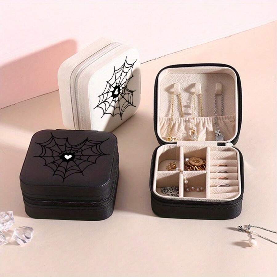 1 Set Gothic Style Heart-Shaped Mesh Print Jewelry Box, PU Leather Storage Box With Zipper Closure, Portable Travel Design, Built-In Ring, Necklace And Earring Compartments, Elegant Home And Travel Jewelry Organizer - Multicolor - View 1