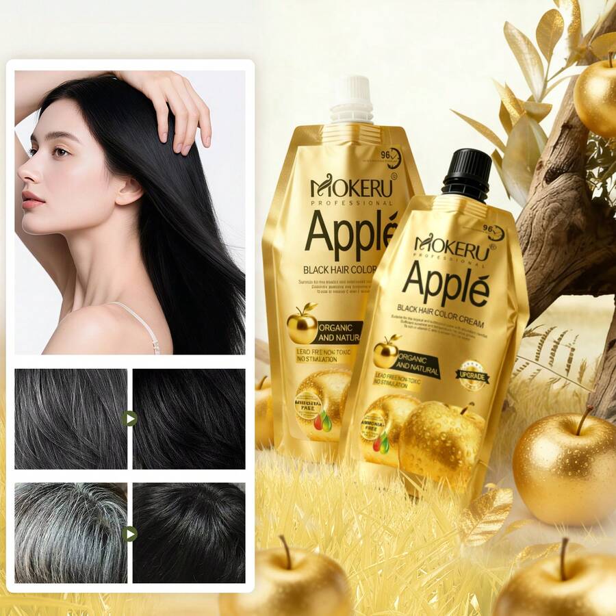 Pewarna Rambut MOKERU Apple Black - Kemasan Emas yang Mewah - Pilihan Hadiah yang Sempurna - Efektif Menutupi Uban - Formula Air Bersih Bebas Amonia dan Tidak Mengiritasi Kulit Kepala - Perlindungan Rambut Komprehensif - Warna dan Kilau Tahan Lama
