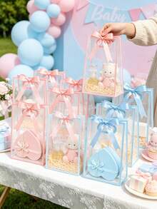 24/12/1pc Transparent Gift Bag With Ribbon, 7x10x3.15 Inch Reusable PP Holiday Gift Bag, Suitable For Baby Shower, Graduation, Wedding, Bridal Shower, Birthday Party, Business Occasions, With Hollow Handle, Gender Reveal Party Gift Bag, Guest Favors (Pink And Blue) - Multicolor - View 4