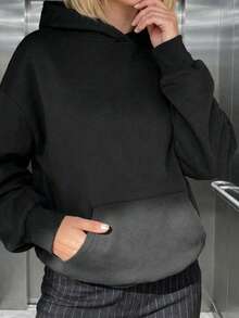 極簡寬鬆女款長袖運動衫，適合秋冬，輪廓設計，休閒百搭，黑色 - 黑色 - 查看 2