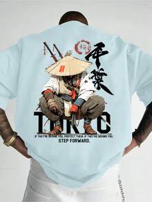 Men's Anime Pattern Printed Short Sleeve Shirt T Shirt,Printed With A Lonely Anime Warrior Pattern,Hand-Drawn Text Pattern - 黑色 - 查看 9