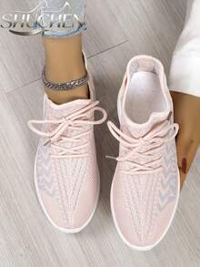 1 Pair Women's Pink Breathable Mesh Lace-Up Lightweight White Soft Sole Walking Casual Running Sports Shoes - Pink - View 5