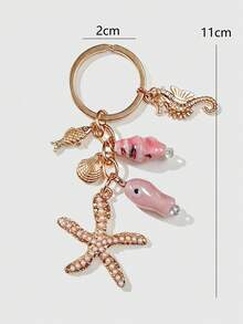 1pc Summer Marine Style Key Chain With Pearl Starfish, Seahorse, Seashell & Pink Ceramic Fish Beads Fashion Handbag Accessory - Multicolor - View 3