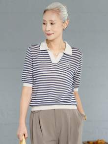 女款時尚條紋針織 Polo 衫，柔軟短袖上衣，適合萬聖節、感恩節、聖誕節及週末穿搭 - 米色 - 查看 3
