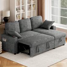 2 Seater Sofa Bed, 3 In 1 Convertible Corner Sofa Bed, 190cm Pull Out Linen Double Sleeper Chair With Pocket And Adjustable Backrest For Living Room - Chenille Dark Grey - 3-seater - View 11