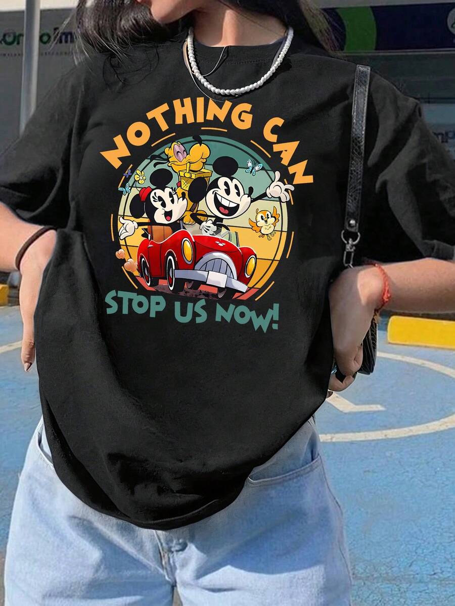 Disney Mickey & Minnie's Runaway Railway Print Cotton Short Sleeve T-Shirt, Disneyland, Summer Outfits For Women, Vacation Outfits Women, Daily Wear - 黑色 - 查看 1