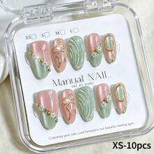 10pcs Pink Green Cat Eye Ombre Fake Nails With 3D Gold Bow, Small Flower Bead Inlay, Water Ripple Texture Press On Nails,Reusable Almond Shaped False Nails For Summer Wedding Daily Manicure - Multicolor - View 10
