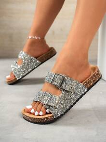 Sandalias de plataforma de corcho con strass y doble hebilla de punta abierta para mujer - Plateado - Ver 4