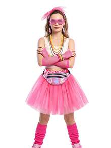 Conjunto de Atuendo Rosa Neón de los 80, Falda Abullonada, Guantes de Red, Pendientes de Rayo, Calentadores de Pierna, Bolso, Collar de Cuentas, Accesorios de Disfraz de Fiesta Disco Retro Adecuados para Fiesta de Cosplay de Halloween, Desfile de Disfraces de Carnaval, Fiesta de Tema Retro Navideño, Tema de Dopamina Colorida y talla grande - Multicolor - Ver 3