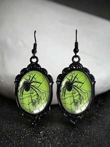 Spider Web Green Background Black Lace Design Oval Pendant Earrings, Casual Gothic Style, Halloween - Black - View 3
