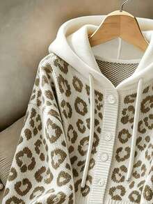 Women's Long Sleeve Leopard Print Hooded Open Front Contrast Color Ribbed Button Short Knit Cardigan Sweater Jacket, Autumn/Winter - Apricot - View 4