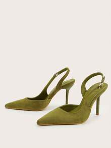 Women's Office Minimalist Denim Blue Pointed Toe Closed Toe Slingback Buckle Stiletto Ultra High Heels - Olive Green - View 2
