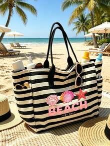 1/2件組條紋托特包與化妝包套裝，印花「Beach」圖案，適合度假、旅行、通勤、購物，送給家人與朋友的禮物 - 彩色 - 查看 3