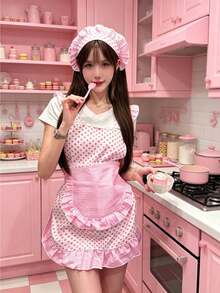 1Set Princess Wave Point Apron Chef Hat Set, Suite As Christmas,Saudi Arabia National Day Baking Set .Easy Clean Cooking Apron, Pink Cute Baking Apron, Perfect Festival/Valentine's Day Gift - Pink - View 3