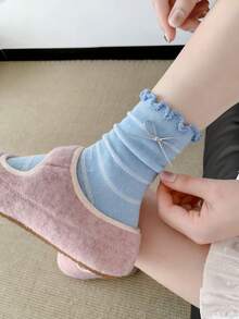 1/5 Pairs Spring/Summer Thin Breathable Lace Wire Bow Sweet Mid-Calf Socks - Multicolor - View 7