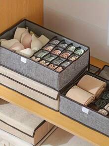 1pc Home Underwear Storage Box With Lid, 13/17 Compartments, Gray/Beige 2 Colors Optional, Drawer-Style Bra Socks Underwear Organizer Divider Box, Linen Storage Box - Multicolor - View 6