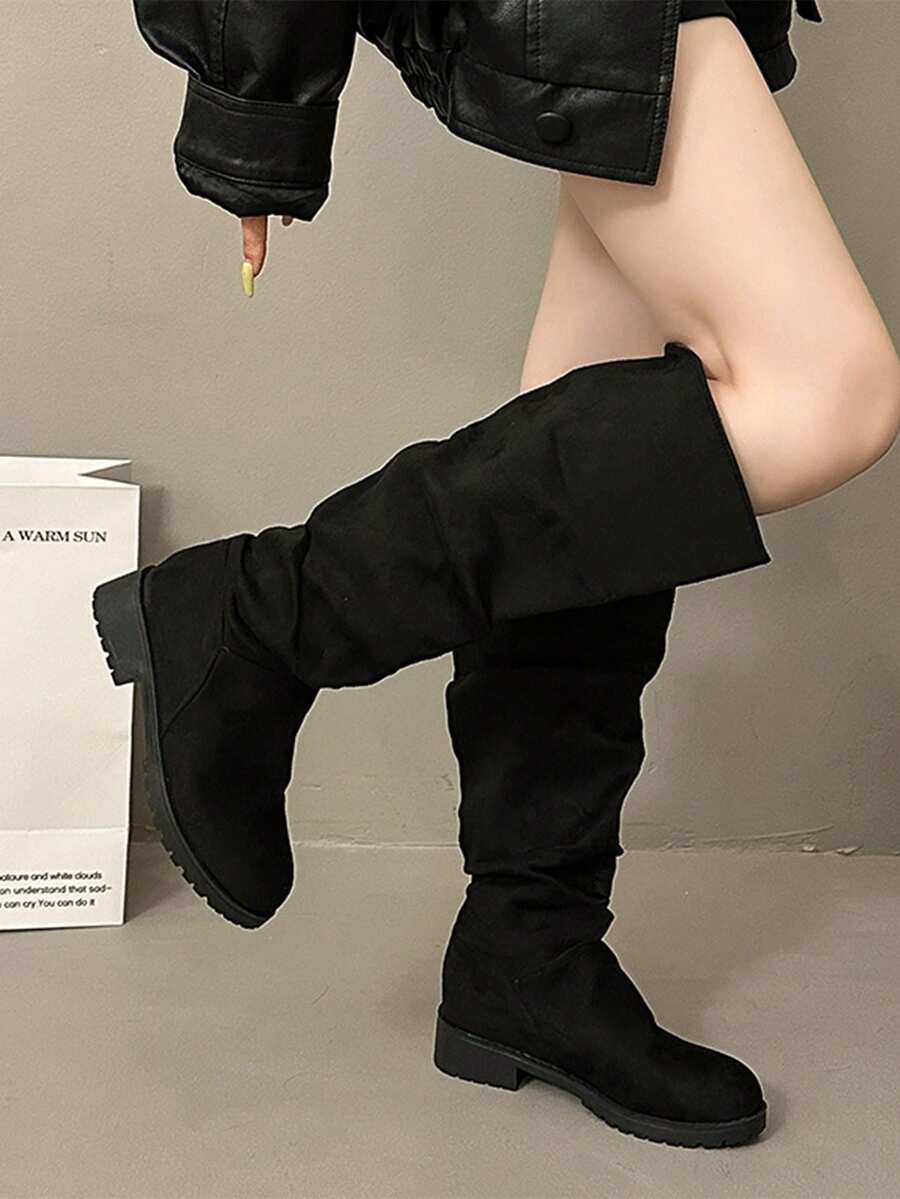 New Women's Autumn/Winter Fashion Ruched Black Versatile Slip-On Knee-High Boots, Comfortable Plus Size Chunky Heel Wide Shaft Retro Riding Boots - Black - View 1