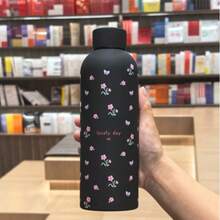 500ml/16.9oz 不鏽鋼迷你花卉圖案馬克杯，便攜保溫水壺附橡膠塗層，適合居家與戶外運動，完美的返校季禮物送給家人與朋友 - 黑小花 - 查看 10