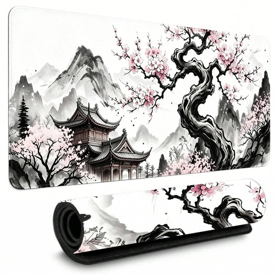 特大號櫻花樹風景設計滑鼠墊 – XL 遊戲滑鼠墊,防滑橡膠底座,可水洗表面 – 平滑鍵盤與滑鼠墊,適用於居家、辦公室(中國水墨畫) - 查看 1