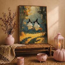 1pc Canvas Wall Art, Framed Wall Decor, Vintage Oil Painting Of Two Ghosts Wearing Wizard Hats And Riding Brooms In Autumn Forest, Atmospheric Halloween Canvas Poster, Dark Academia Vintage Aesthetic Wall Decor, Suitable For Modern Home Decoration - Ghost Witch - View 10