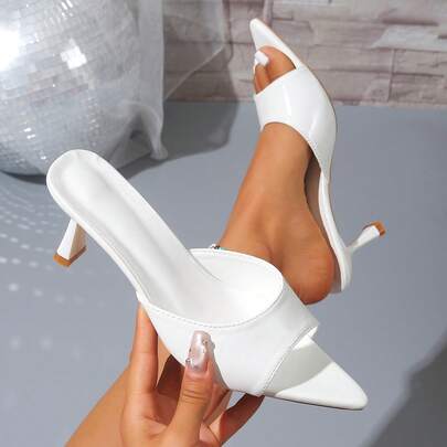 Women's Elegant Patent Leather Pointed Toe Stiletto Heel Open Toe Slip-On Mule Sandals, Summer Party Nightclub Style High Heel Sandals, European And American Style Plus Size