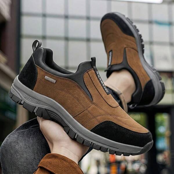 Men's Comfortable Non-Slip Slip-On Shoes, Solid Color Leather Covered Elastic Material Athletic Shoes, Suitable For Daily Commute, Business Casual, Camping Platform And Lightweight Casual Shoes, All-Season Hiking Sports Shoes, Low-Top Outdoor Climbing Shoes