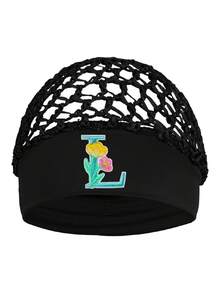 女款花卉刺繡字母網紗帽－個性化字母首字母彈性寬邊髮帽，鉤編鏤空夜間睡眠帽 - 黑色 - 查看 6
