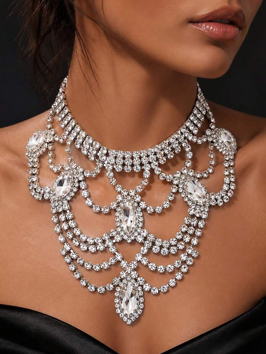 Luxury Personalized Bling Rhinestone Exaggerated Rhinestone Statement Necklace Bridal Wedding Jewelry - Silver - View 1