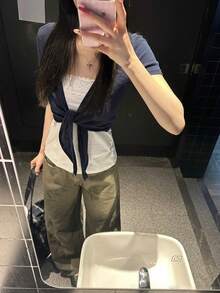 Women's Short Knit Cardigan Short Sleeve Semi-Sheer Tie-Front Top Lightweight Shawl Summer - Navy Blue - View 7