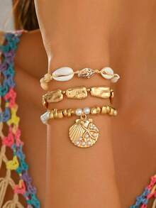 3pcs/Set Gelang Gaya Liburan Bohemian dengan Liontin Kerang dan Keong, Hiasan Manik-manik CCB, Perhiasan Tangan Wanita Modis, Cocok untuk Pemakaian Sehari-hari dan Liburan Pantai, Ukuran dan Bentuk CCB dan Keong Acak - MultiWarna - View 7