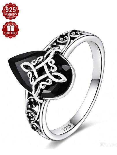 1 pieza Anillo de plata de ley 925 con circonita cúbica negra, joyería de bendición y oración de bruja, talla 7-11, con caja de regalo