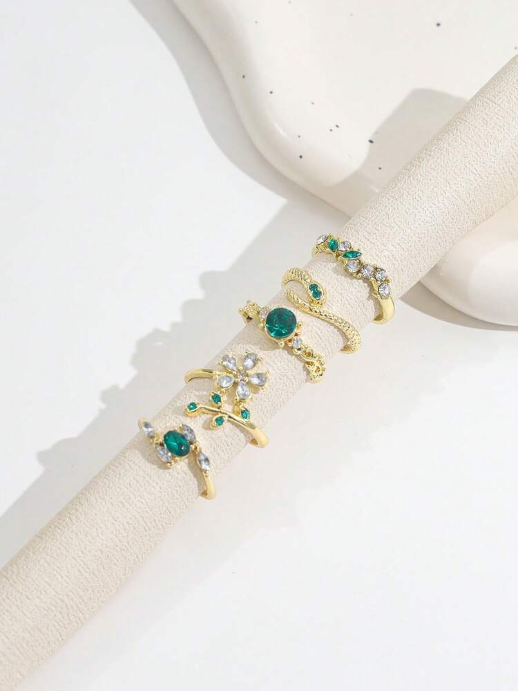 5PCS Vintage Emerald Green Rings, Gold Snake & Flower Green Rhinestone Rings, French Luxury Stackable Hand Jewelry For Women - Gold - View 2