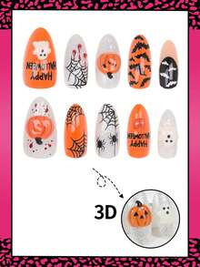 10pcs Halloween Medium Almond Shape Press-On Nails, 3D Pumpkin Black Spider Web Bat Print French Tips, Suitable For Girls And Women Daily Wear, Holiday Party And Gift - Orange - View 3
