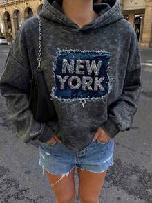 女款秋冬新款 NEW YORK 印花簡約休閒時尚百搭保暖內裡連帽衛衣 黑色 - 黑色 - 查看 3