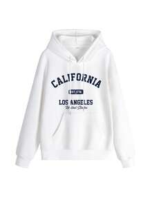1 pieza Sudadera con capucha y cordón para mujer con estampado de leopardo y letras de Nueva York, estilo callejero diario de otoño/invierno, regreso a la escuela, blanco, casual de otoño - Blanco - Ver 3