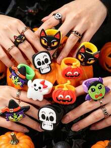12pcs Cartoon Halloween Rings Set, Includes Rubber Material Cute Ghost, Skeleton, Pumpkin, Witch And Black Cat Designs, Suitable For Halloween Party Decoration, Holiday Display And Party Supplies, Can Be Used As Decoration To Create Fun Random Style - Multicolor - View 3