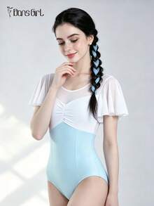 DonsGirl 1pc Women's Ruffle Sleeve Mesh Patchwork Ballet Leotard, Romantic Fairy Style Jumpsuit, Suitable For Aerial Yoga, Figure Skating And Dance Performance Costume - Baby Blue - View 9