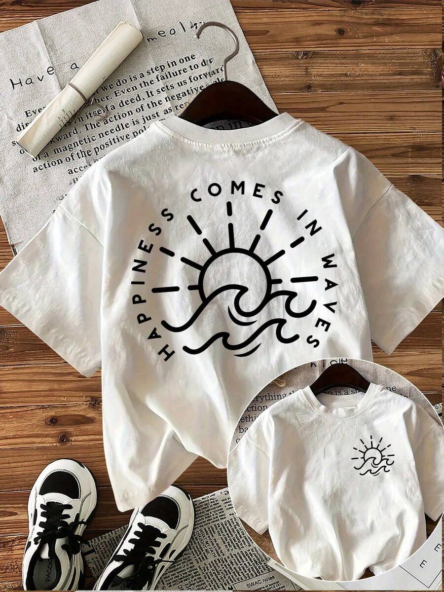 Minimalist Style Sun And Waves"Happiness Is Like A Flood"Printed Short-Sleeve Round Neck T Shirt - 白色 - 查看 1