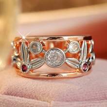 Two-Tone Hollow Wide Band Ring, Hollow Leaf And Flower Design, Inlaid With Round Red Synthetic Zirconia, Date, Valentine's Day Gift - Rose Gold - View 5