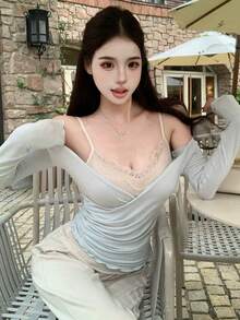Set 2 Potong Atasan Layering Berkerah V Seksi Minimalis Musim Gugur - Baby Blue - View 4