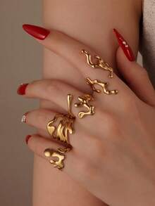 GEREIT 4pcs Summer Fashion 18K Gold Plated Stainless Steel Asymmetrical Hollow Open Gold Rings Set, Suitable For Women's Daily Wear And Dating - Gold - View 1