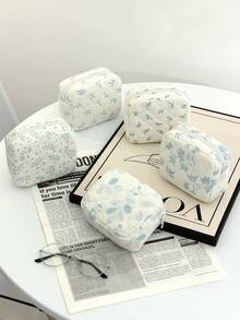 Cute Quilted Mini Storage Bag, Portable Comfortable Bow & Floral Print Makeup Bag, Suitable For Cosmetics, Sanitary Pads, Jewelry And Daily Essentials, Ideal For Daily Use, Work, School, Travel And Wallet Storage - Multicolor - View 2