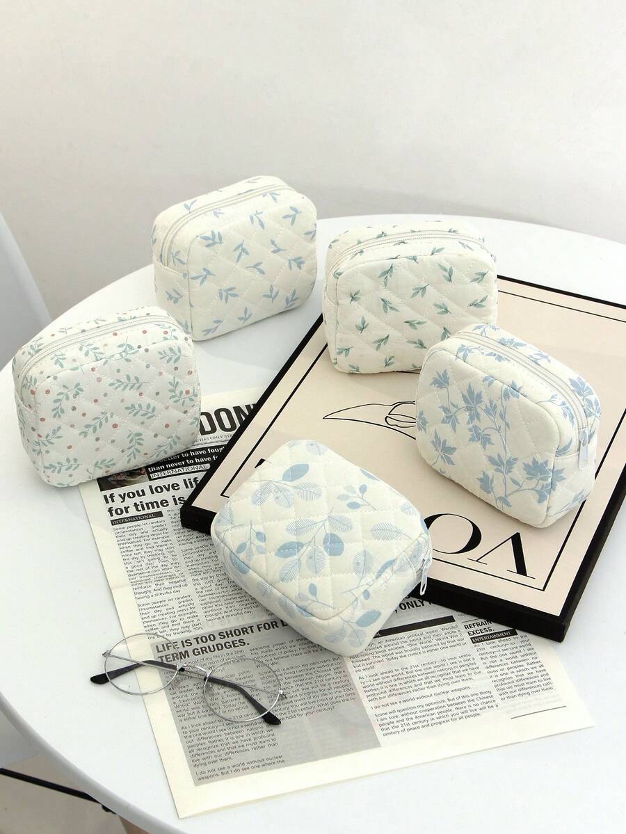 Cute Quilted Mini Storage Bag, Portable Comfortable Bow & Floral Print Makeup Bag, Suitable For Cosmetics, Sanitary Pads, Jewelry And Daily Essentials, Ideal For Daily Use, Work, School, Travel And Wallet Storage