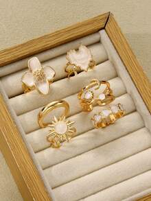 6pcs Fashion Minimalist Elegant Flower Heart Star Moon Sun Oil Drop Ring Set For Women, Holiday Date Party Ball Banquet Festival Birthday Gift, Daily Versatile (No Box) - Yellow Gold - View 2