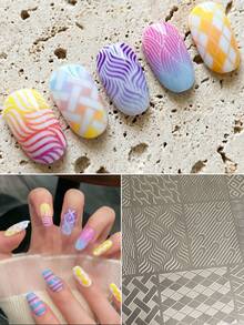 satki Placas de estampado de arte de uñas con cuadros, rayas, textura ondulada, letras en inglés, líneas geométricas de estilo francés, plantillas de transferencia profesionales para artistas de uñas, herramientas de arte de uñas - Multicolor - Ver 7